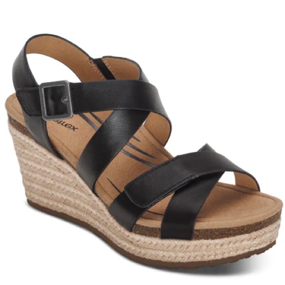 Aetrex Anna Arch Support Espadrille Wedges Sandals Women’s 8.5 Black Shoes NEW